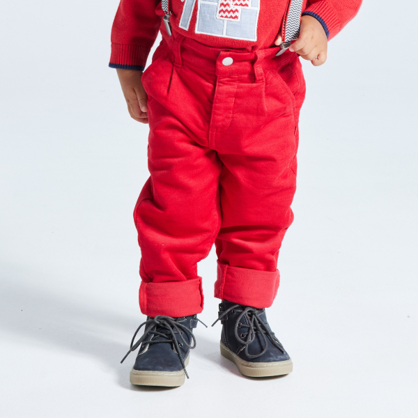 Pantalon velours fantaisie à bretelles rouge bébé garçon Pantalon velours fantaisie à bretelles rouge bébé garçon