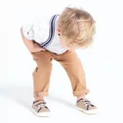 Pantalon coton fantaisie à bretelles clipsées marron bébé garçon