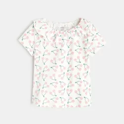 T-shirt col volanté maille fantaisie rose