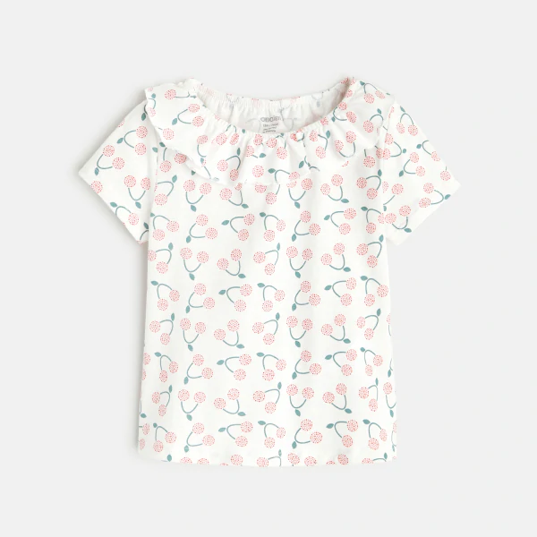 T-shirt col volanté maille fantaisie rose