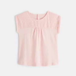 T-shirt bi-matière broderie anglaise rose bébé fille
