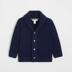 Gilet tricot chiné coton bio boutonné bleu bébé garçon