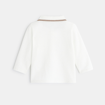 قميص بولو بيكيه سادة بأكمام طويلة باللون الأبيض للأولاد الصغار