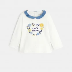 T-shirt col pétale fleurs brodées blanc bébé fille
