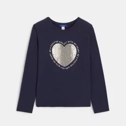 T-shirt cœur à paillettes bleu fille