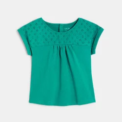 T-shirt bi-matière broderie anglaise vert bébé fille