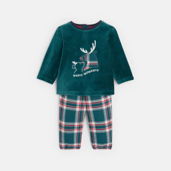 Pyjama en velours brodé rennes à carreaux bébé garçon