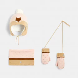 Bonnet + snood + moufles coordonnés motif rose bébé fille