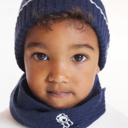 Bonnet maille tricot broderie animal bleu bébé garçon