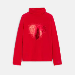 T-shirt col roulé motif cœur rouge Fille