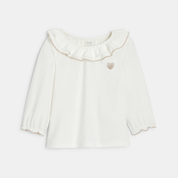 تي شيرت أبيض برقبة مكشكشة للفتيات الصغيرات