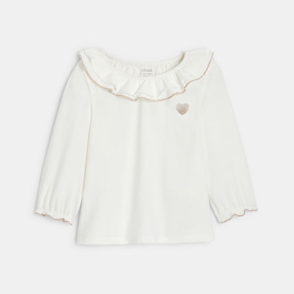 تي شيرت أبيض برقبة مكشكشة للفتيات الصغيرات تي شيرت أبيض برقبة مكشكشة للفتيات الصغيرات