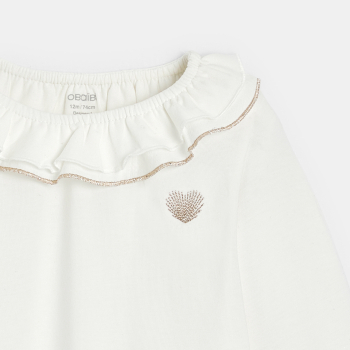 تي شيرت أبيض برقبة مكشكشة للفتيات الصغيرات