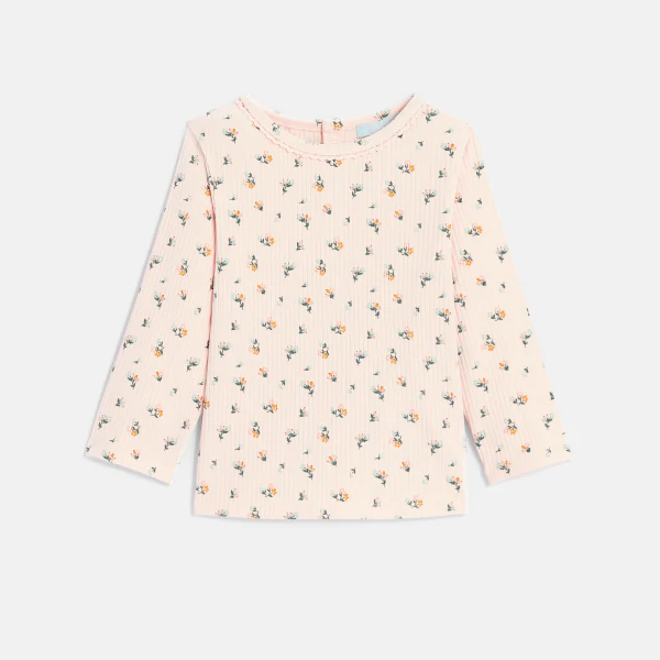 T-shirt fleuri coton côtelée rose bébé fille