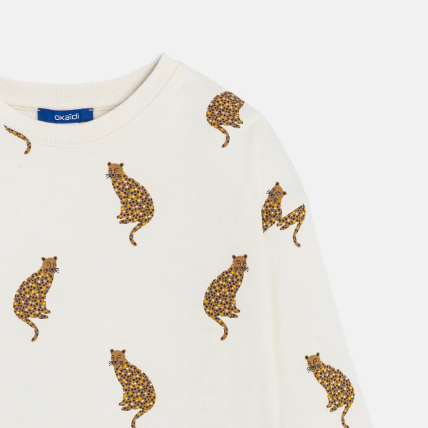 Sweat-shirt en molleton motif léopard écru Fille