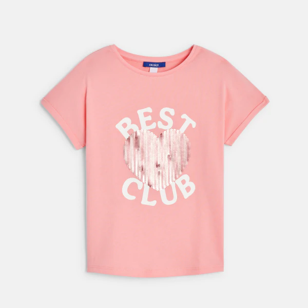T-shirt manches courtes à sequins rose Fille