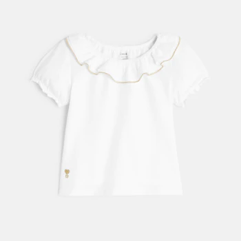 T-shirt col volanté brillant blanc bébé fille