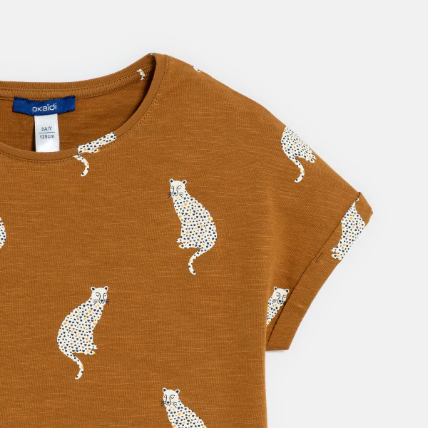 T-shirt manches courtes motif léopards marron Fille