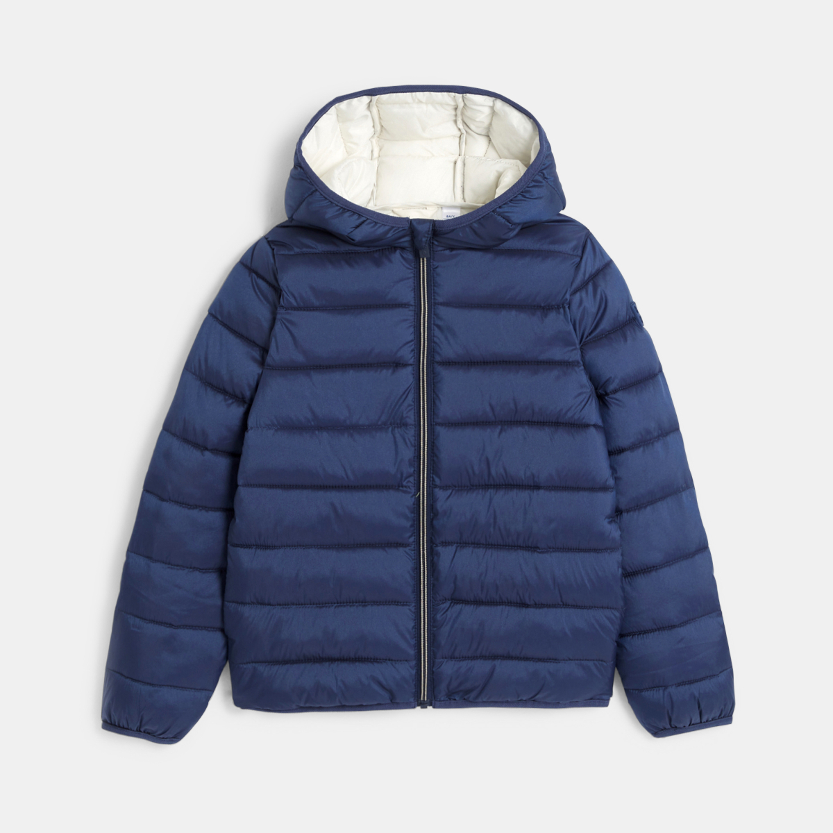 سترة منفوخة بغطاء رأس سادة أزرق بحري للبنات سترة منفوخة بغطاء رأس سادة أزرق بحري للبنات