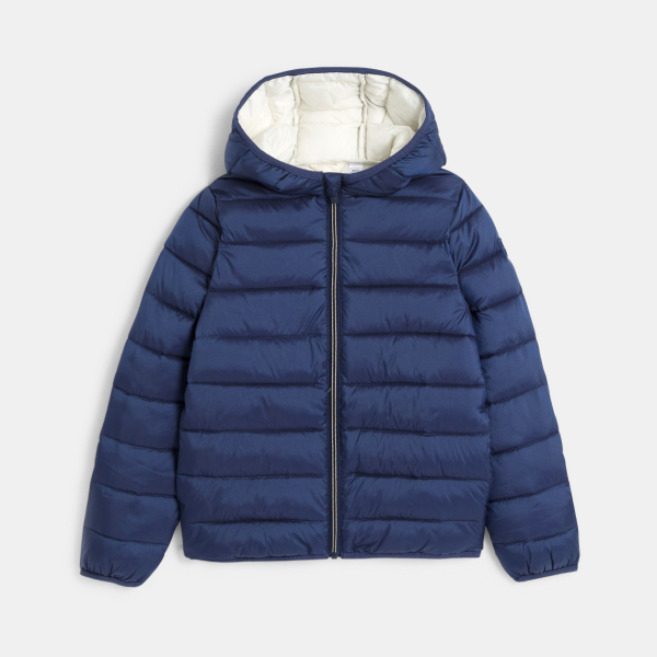 سترة منفوخة بغطاء رأس سادة أزرق بحري للبنات سترة منفوخة بغطاء رأس سادة أزرق بحري للبنات