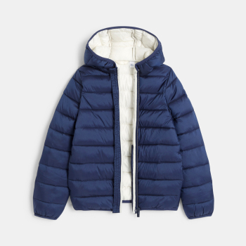 سترة منفوخة بغطاء رأس سادة أزرق بحري للبنات