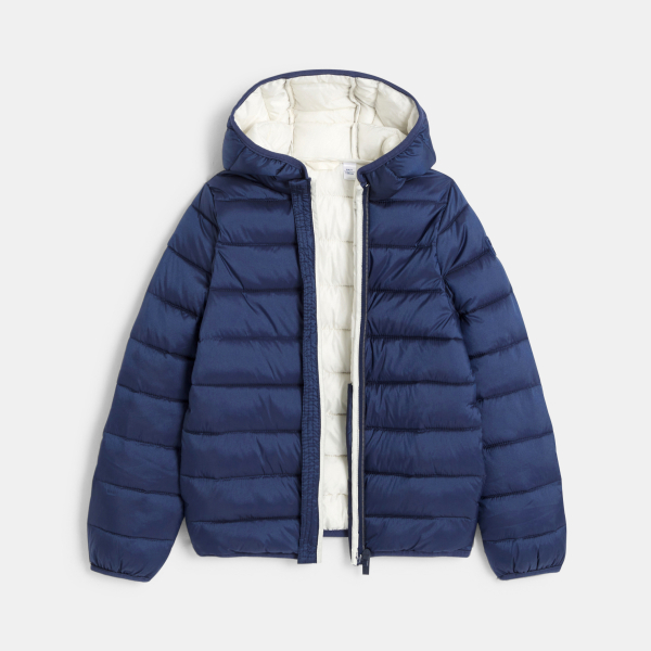 سترة منفوخة بغطاء رأس سادة أزرق بحري للبنات سترة منفوخة بغطاء رأس سادة أزرق بحري للبنات