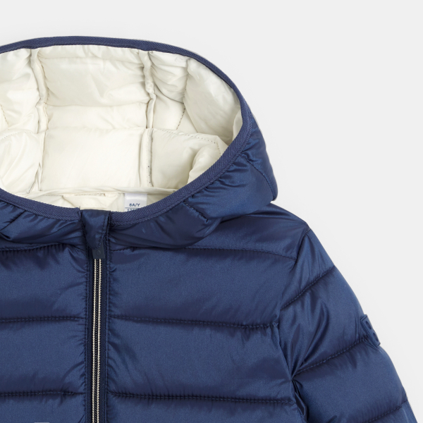 سترة منفوخة بغطاء رأس سادة أزرق بحري للبنات سترة منفوخة بغطاء رأس سادة أزرق بحري للبنات