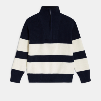 كنزة مخطّطة بياقة عالية، باللون الأزرق الداكن للأولاد