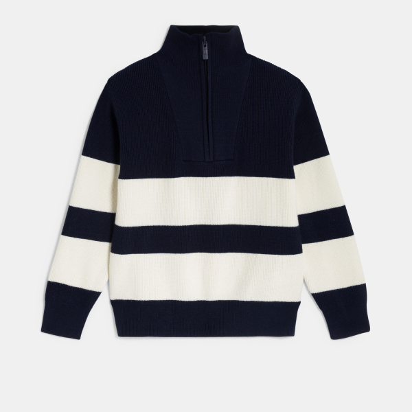 كنزة مخطّطة بياقة عالية، باللون الأزرق الداكن للأولاد