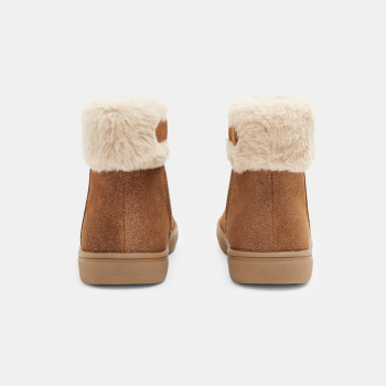 حذاء بوت من الجلد مبطّن بالفرو باللون البني للفتيات الصغيرات
