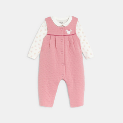 Salopette maille souris et body fleuri rose naissance fille