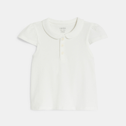 قميص بولو من القطن بياقة مستديرة، باللون الأبيض للفتيات الصغيرات.