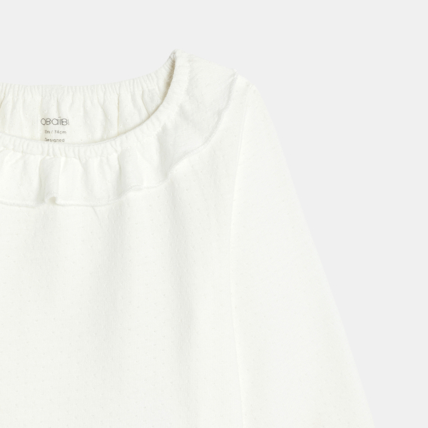 تيشيرت بأكمام طويلة من نسيج قطني محبوك، باللون الأبيض للفتيات الصغيرات تيشيرت بأكمام طويلة من نسيج قطني محبوك، باللون الأبيض للفتيات الصغيرات