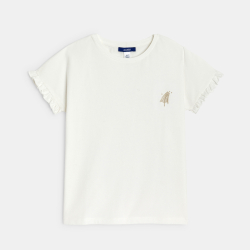 تيشيرت بأكمام قصيرة مزين برسوم مطرزة، باللون الأبيض للفتيات