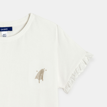 تيشيرت بأكمام قصيرة مزين برسوم مطرزة، باللون الأبيض للفتيات