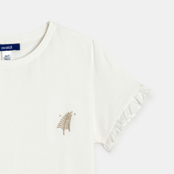 تيشيرت بأكمام قصيرة مزين برسوم مطرزة، باللون الأبيض للفتيات تيشيرت بأكمام قصيرة مزين برسوم مطرزة، باللون الأبيض للفتيات