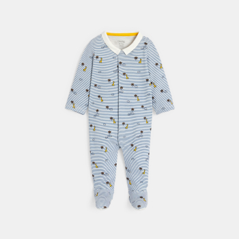 بذلة نوم زرقاء مصنوعة من قماش الإنترلوك المخطط برسوم الحيوانات للأولاد الصغار.