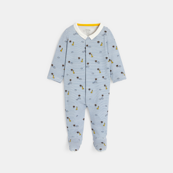 بذلة نوم زرقاء مصنوعة من قماش الإنترلوك المخطط برسوم الحيوانات للأولاد الصغار. بذلة نوم زرقاء مصنوعة من قماش الإنترلوك المخطط برسوم الحيوانات للأولاد الصغار.
