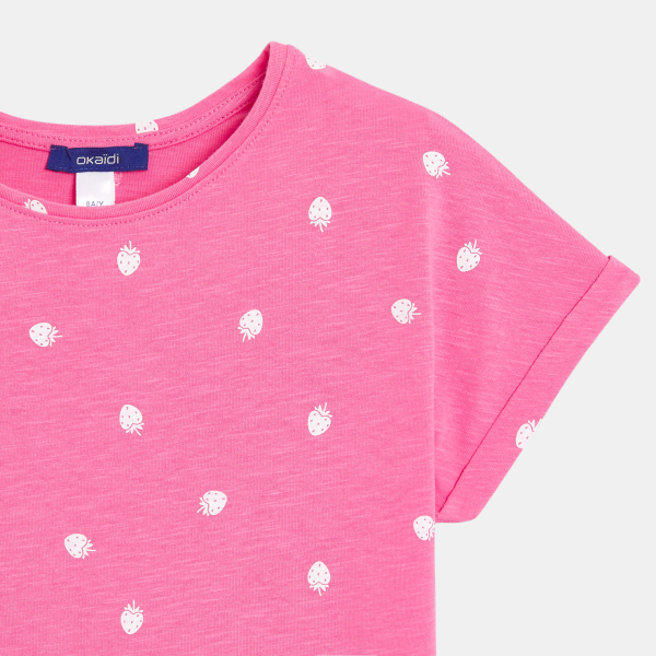 تيشيرت بأكمام قصيرة مزين برسوم الفراولة، باللون الأبيض للفتيات تيشيرت بأكمام قصيرة مزين برسوم الفراولة، باللون الأبيض للفتيات