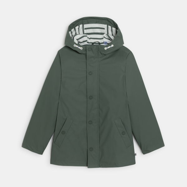 سترة بقلنسوة مشمّعة ومقاومة للماء باللون الأخضر الكاكي للأولاد.