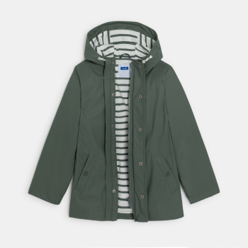 سترة بقلنسوة مشمّعة ومقاومة للماء باللون الأخضر الكاكي للأولاد.