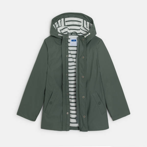 سترة بقلنسوة مشمّعة ومقاومة للماء باللون الأخضر الكاكي للأولاد.