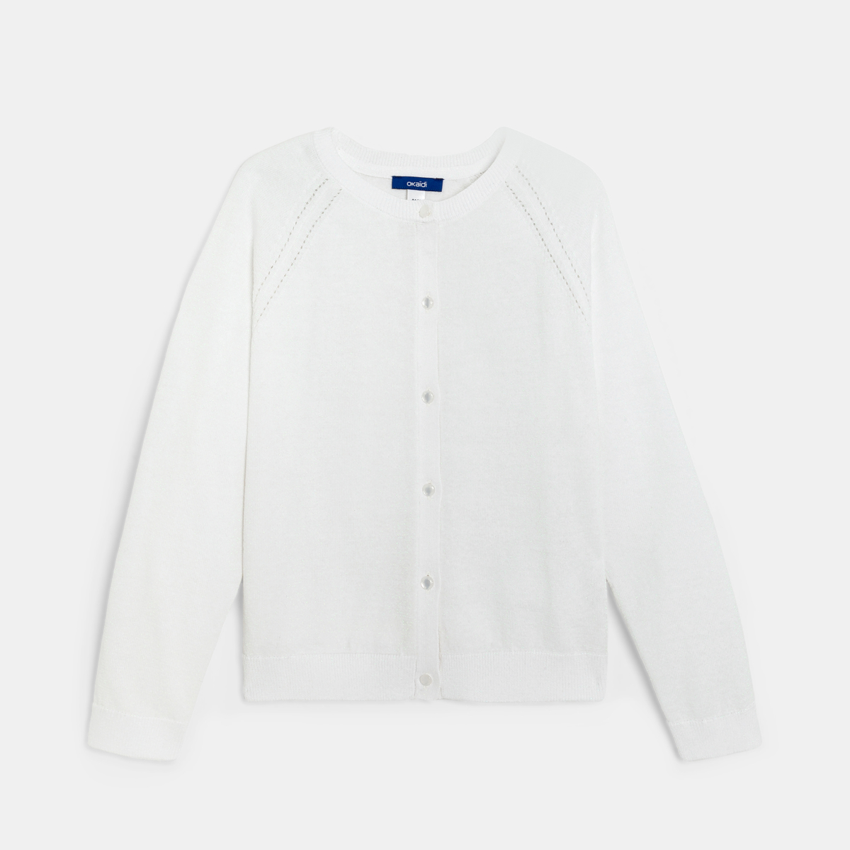 كارديغان محبوك من درز دقيقة بمظهر قزحي، باللون الأبيض للفتيات. كارديغان محبوك من درز دقيقة بمظهر قزحي، باللون الأبيض للفتيات.