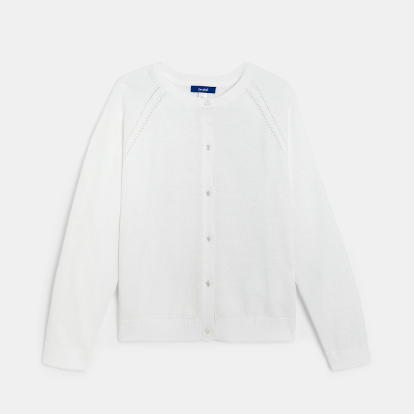 كارديغان محبوك من درز دقيقة بمظهر قزحي، باللون الأبيض للفتيات. كارديغان محبوك من درز دقيقة بمظهر قزحي، باللون الأبيض للفتيات.