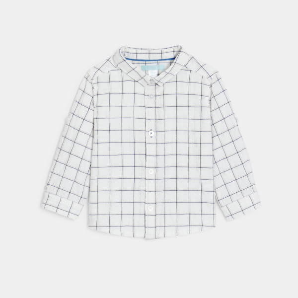قميص بمربعات بأكمام طويلة قابل للطي باللون الأبيض للأولاد الصغار قميص بمربعات بأكمام طويلة قابل للطي باللون الأبيض للأولاد الصغار