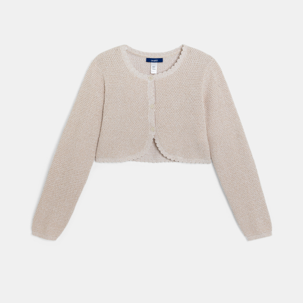 سترة بوليرو من نسيج مزخرف فاخر باللون البيج للفتيات سترة بوليرو من نسيج مزخرف فاخر باللون البيج للفتيات