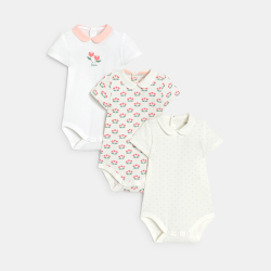 Body manches courtes petit col fleurs blanc bébé fille (lot de 3)