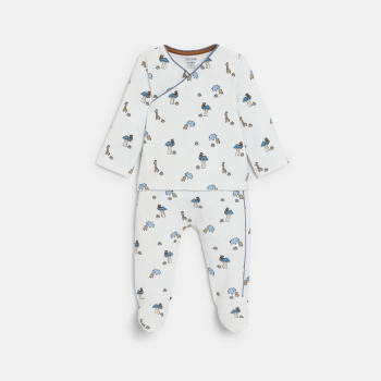 بذلة نوم من نسيج بمظهر قرص النحل، برسمة حيوانات، باللون الأزرق للمواليد الذكور.