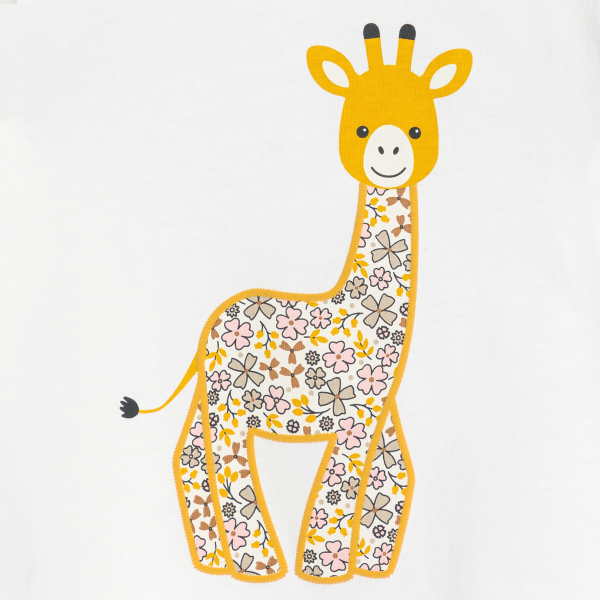 تيشيرت أبيض بياقة متموجة برسمة زرافة للفتيات الصغيرات تيشيرت أبيض بياقة متموجة برسمة زرافة للفتيات الصغيرات