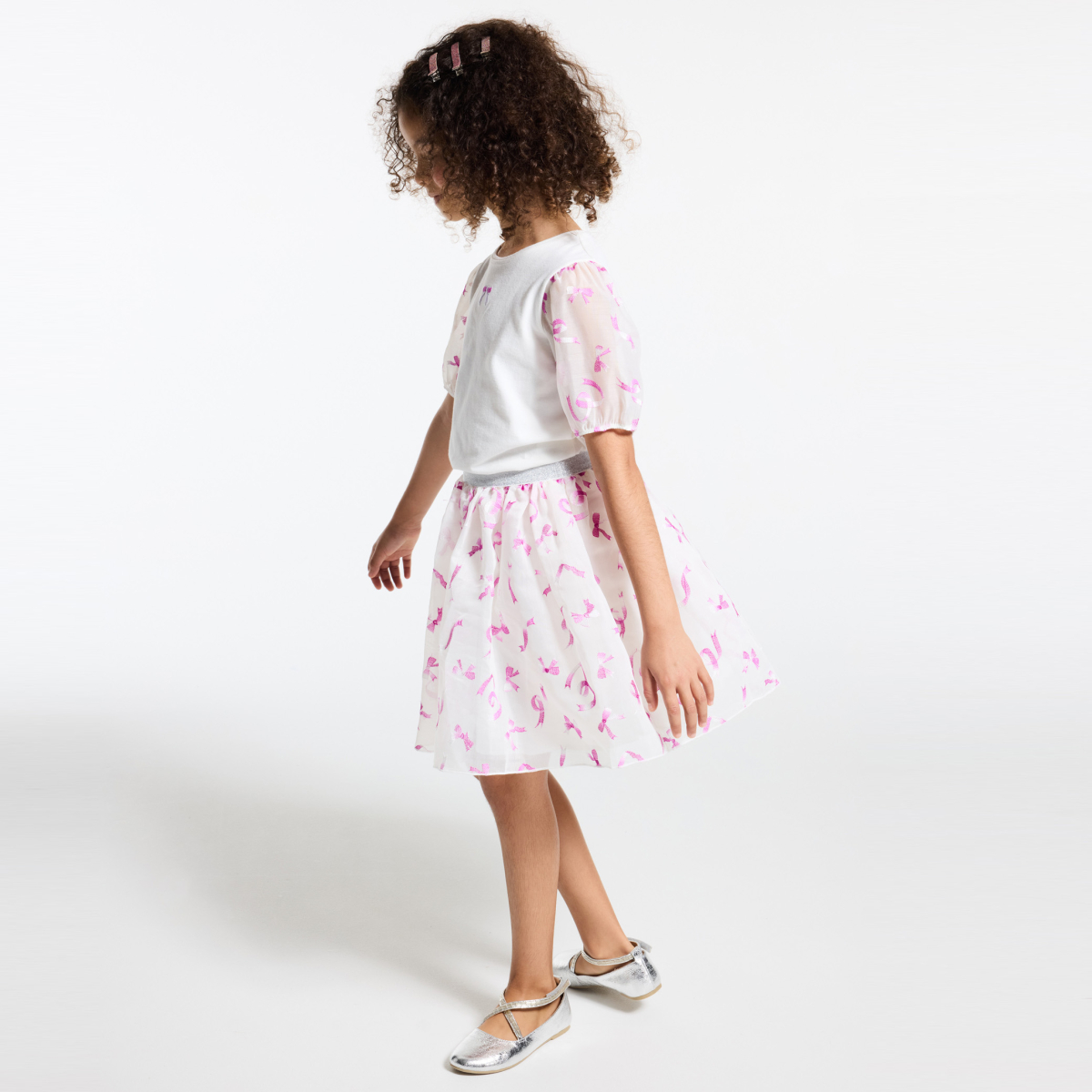 Jupe patineuse en voile brodé rose Fille